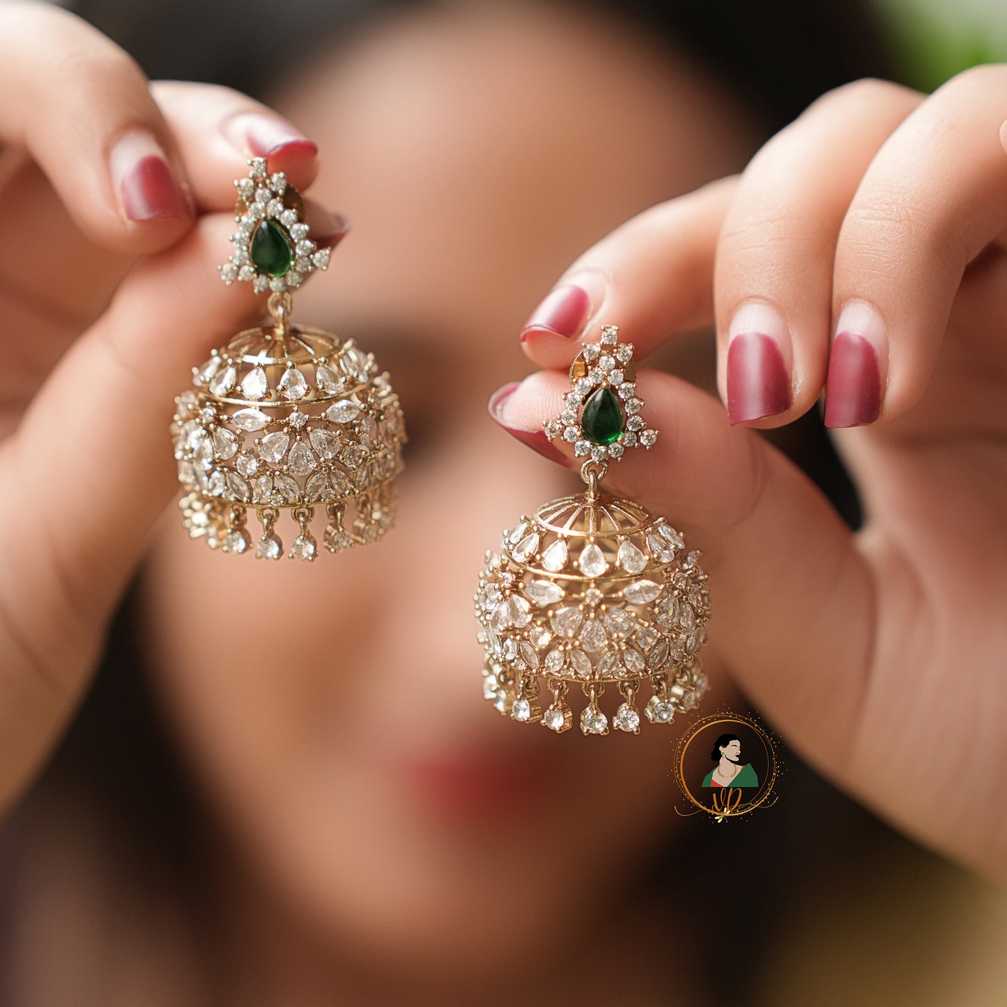 Emerald & White Stone Zircon Jhumka