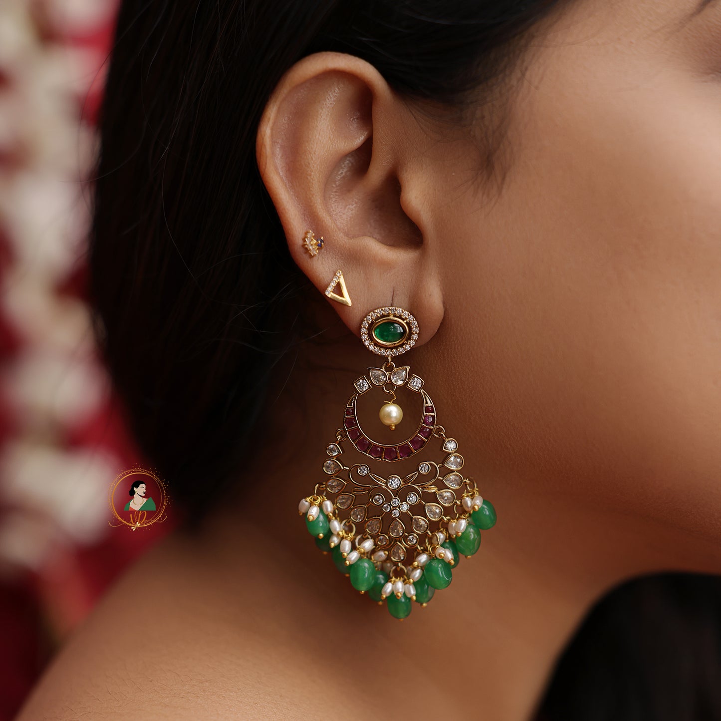 Jadau Emerald Chandbali Earrings