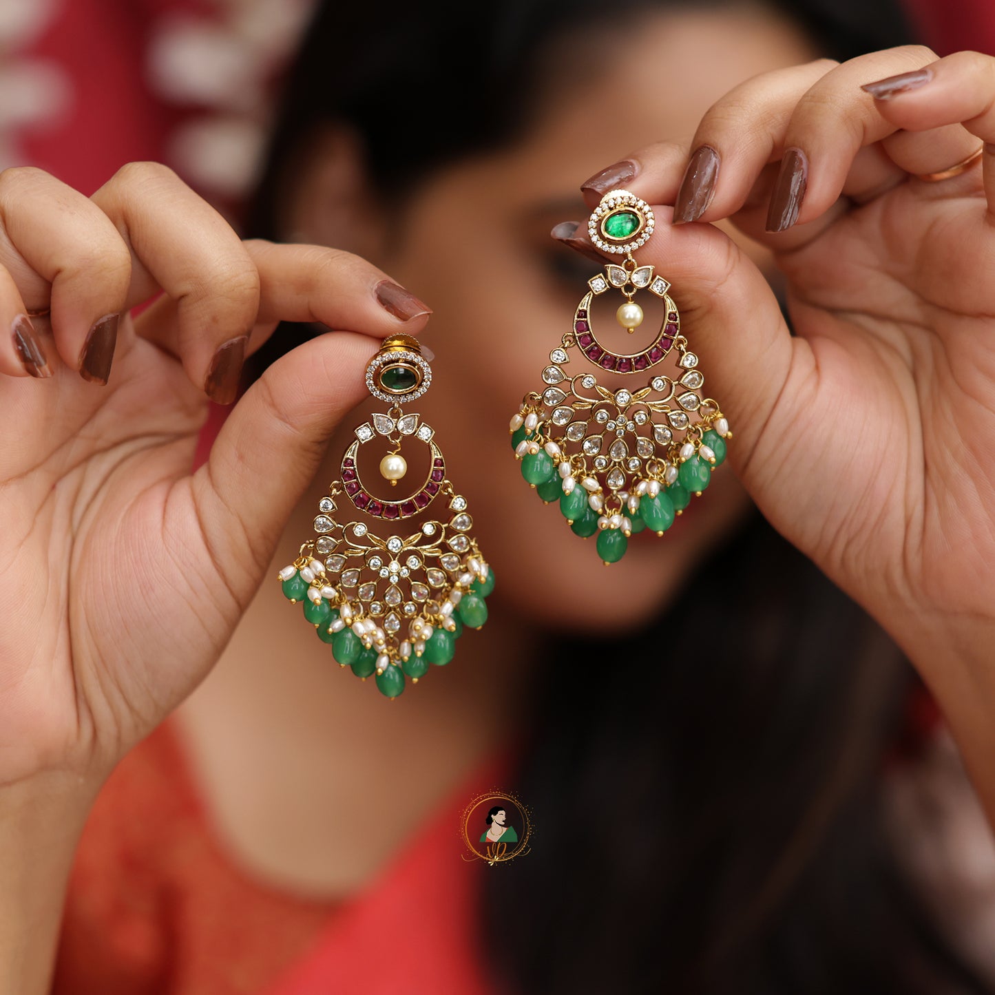 Jadau Emerald Chandbali Earrings