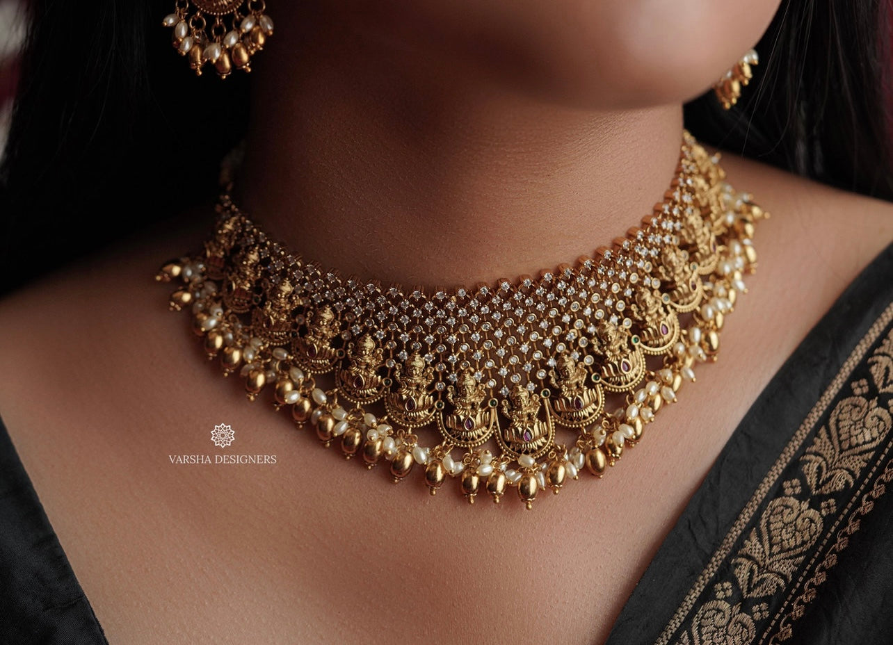 Antique Finish Lakshmi Rice Pearl Bridal Choker