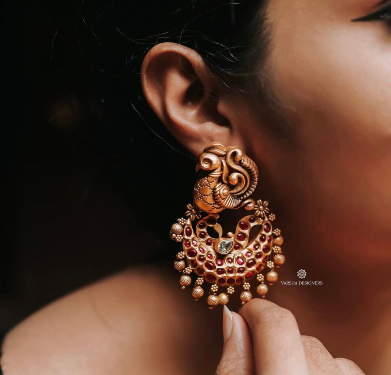Antique Ruby Peacock Chaandbali Earrings