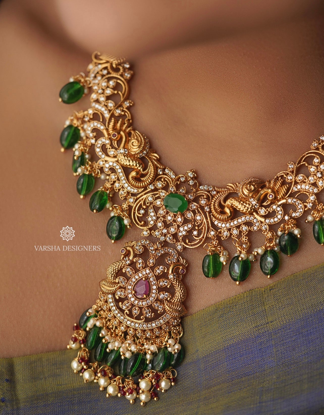 Bridal Emerald Beads Stone Short Haram