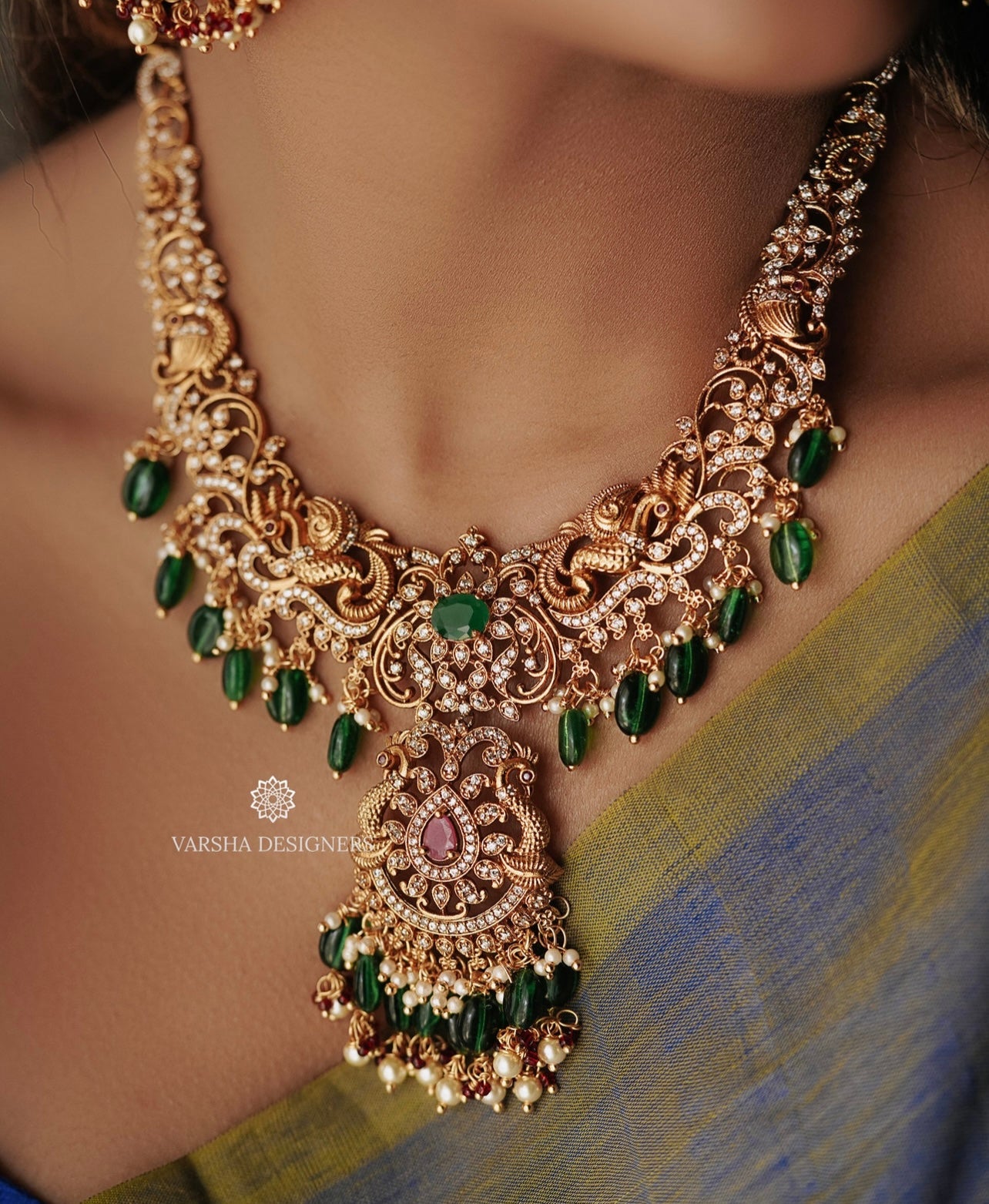 Bridal Emerald Beads Stone Short Haram