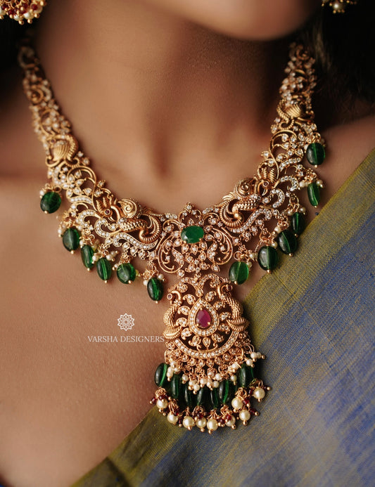 Bridal Emerald Beads Stone Short Haram