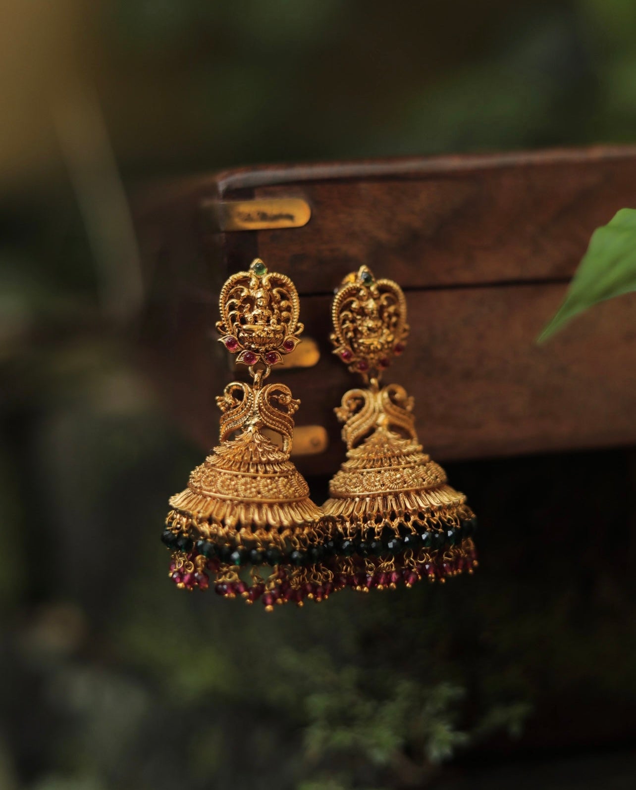 Bridal Ruby & Green Beads Temple Jhumkas