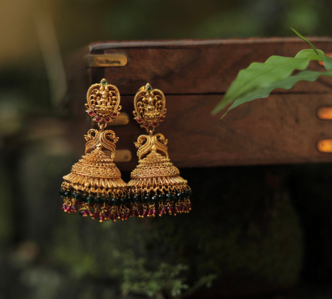 Bridal Ruby & Green Beads Temple Jhumkas