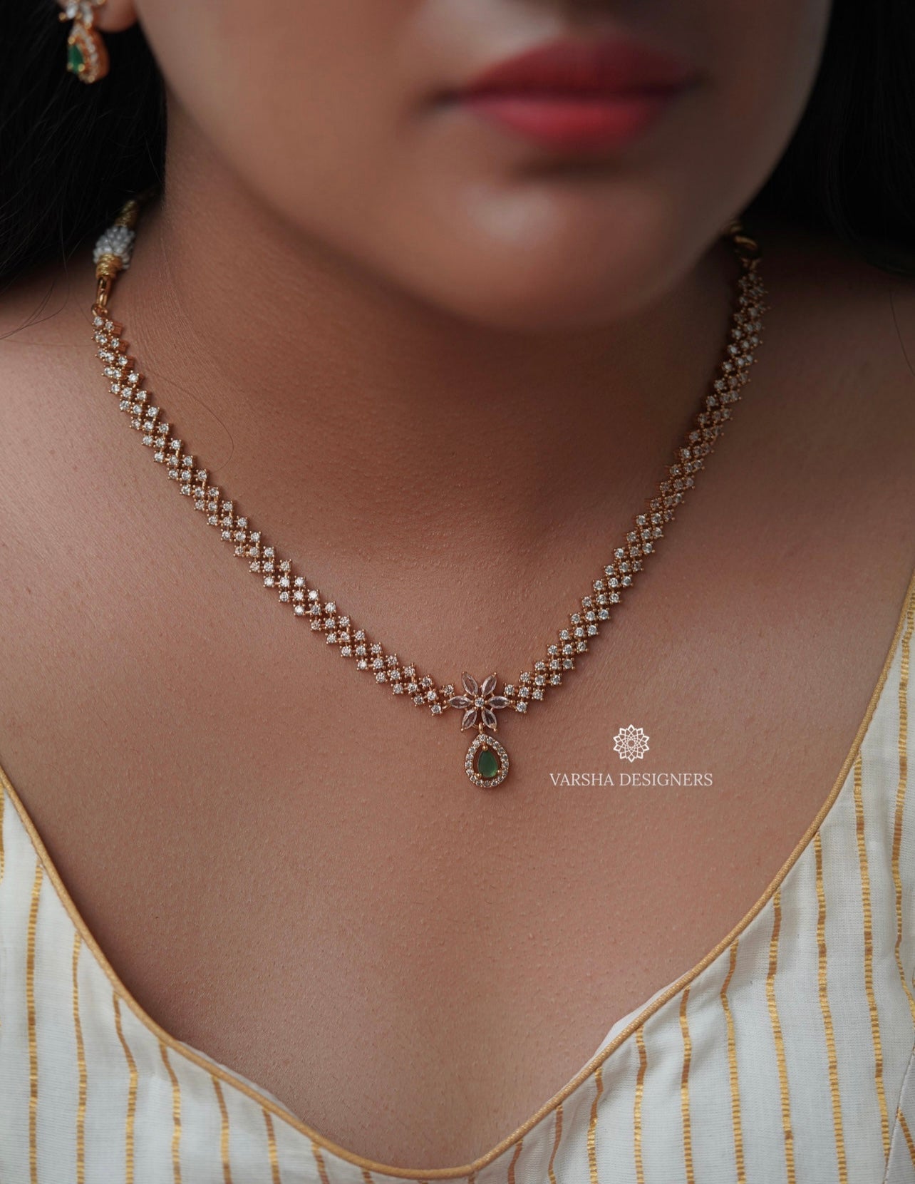 Classic Emerald Teardrop White Stone Necklace