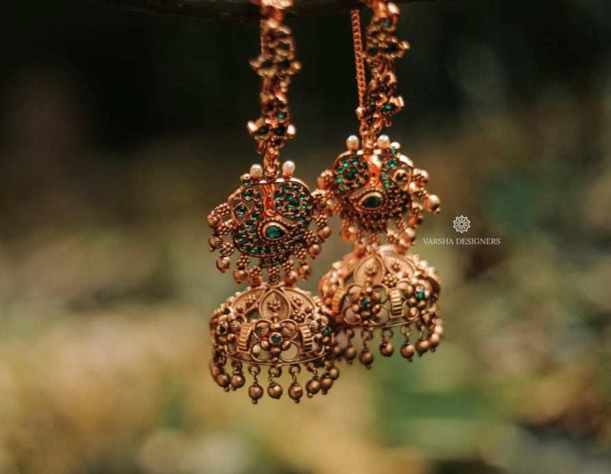 Emerald Stone Jhumkas with Ear Chains