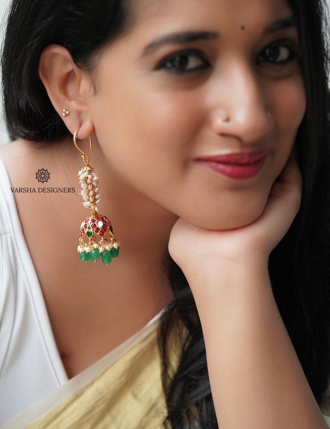 Festive Rice Pearls Kemp Hook Jhumkas