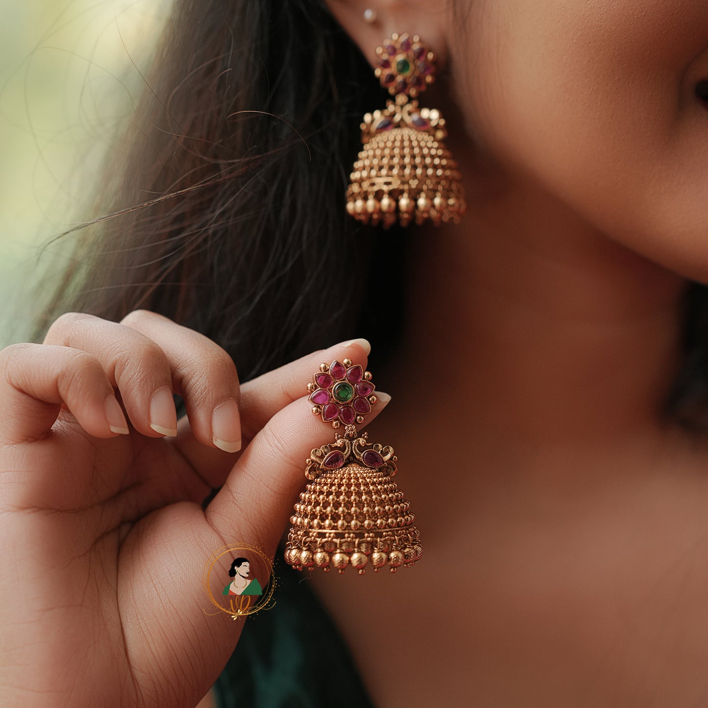 Floral Antique Finish Kemp Jhumkas