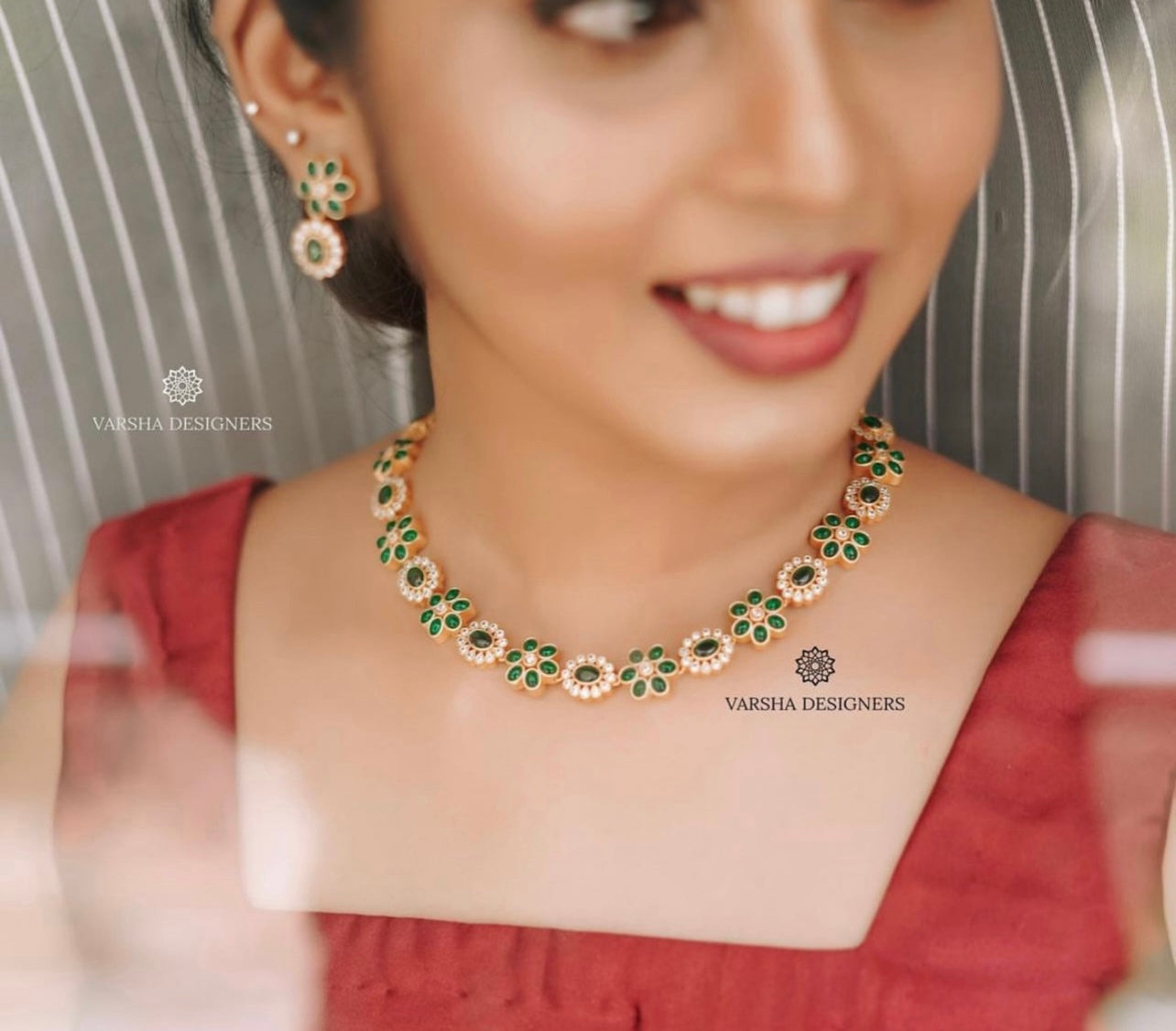 Floral Green & White Stone Necklace