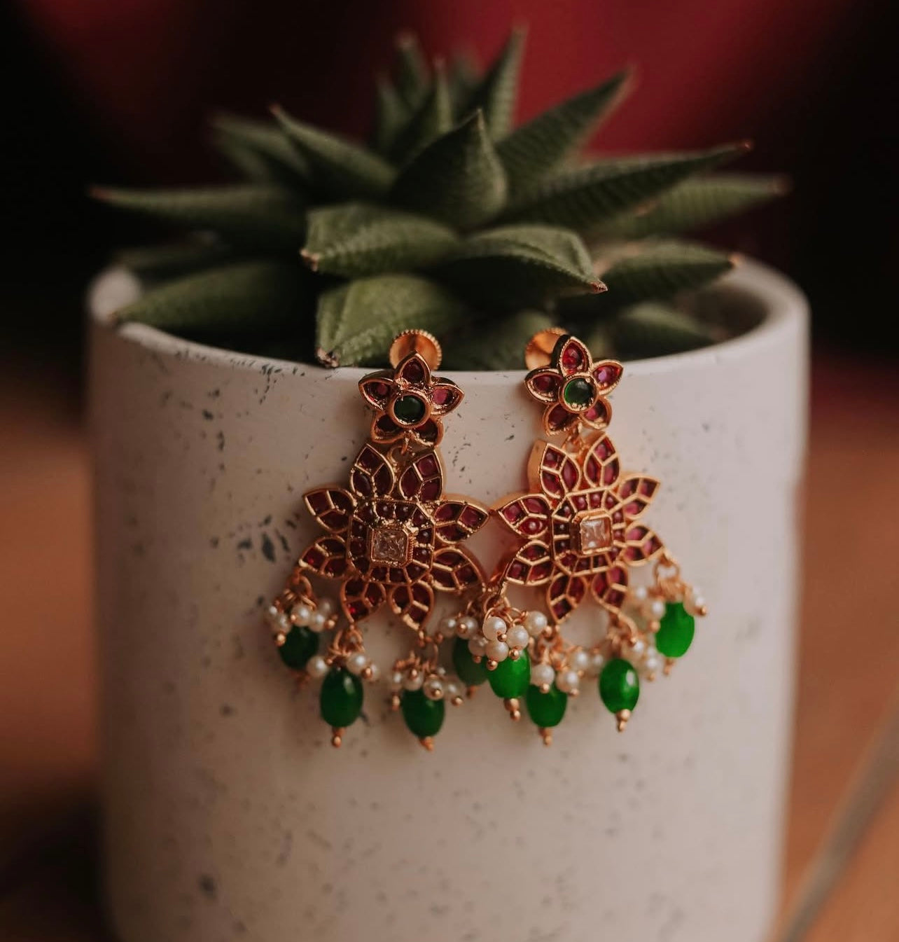 Floral Kemp Stone Green Beads Earrings