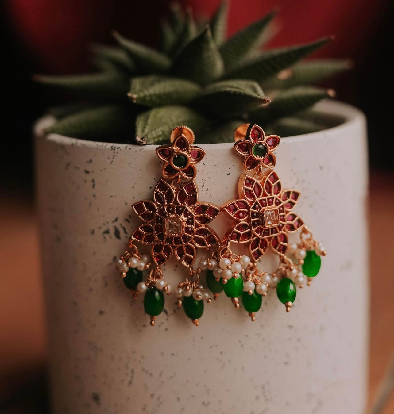 Floral Kemp Stone Green Beads Earrings