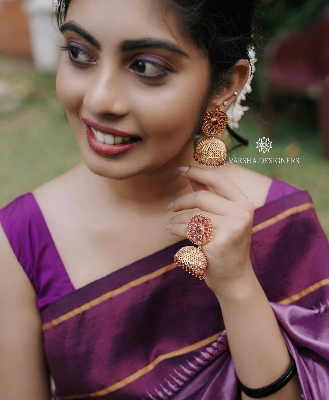 Floral Ruby Stone Jhumkas