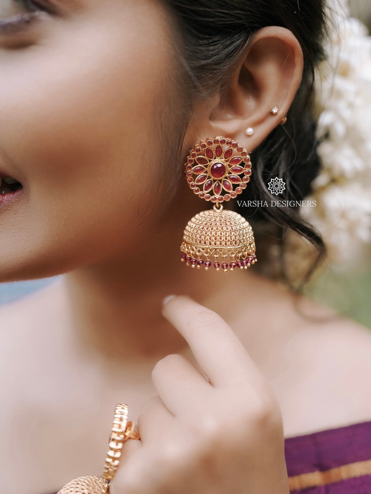 Floral Ruby Stone Jhumkas