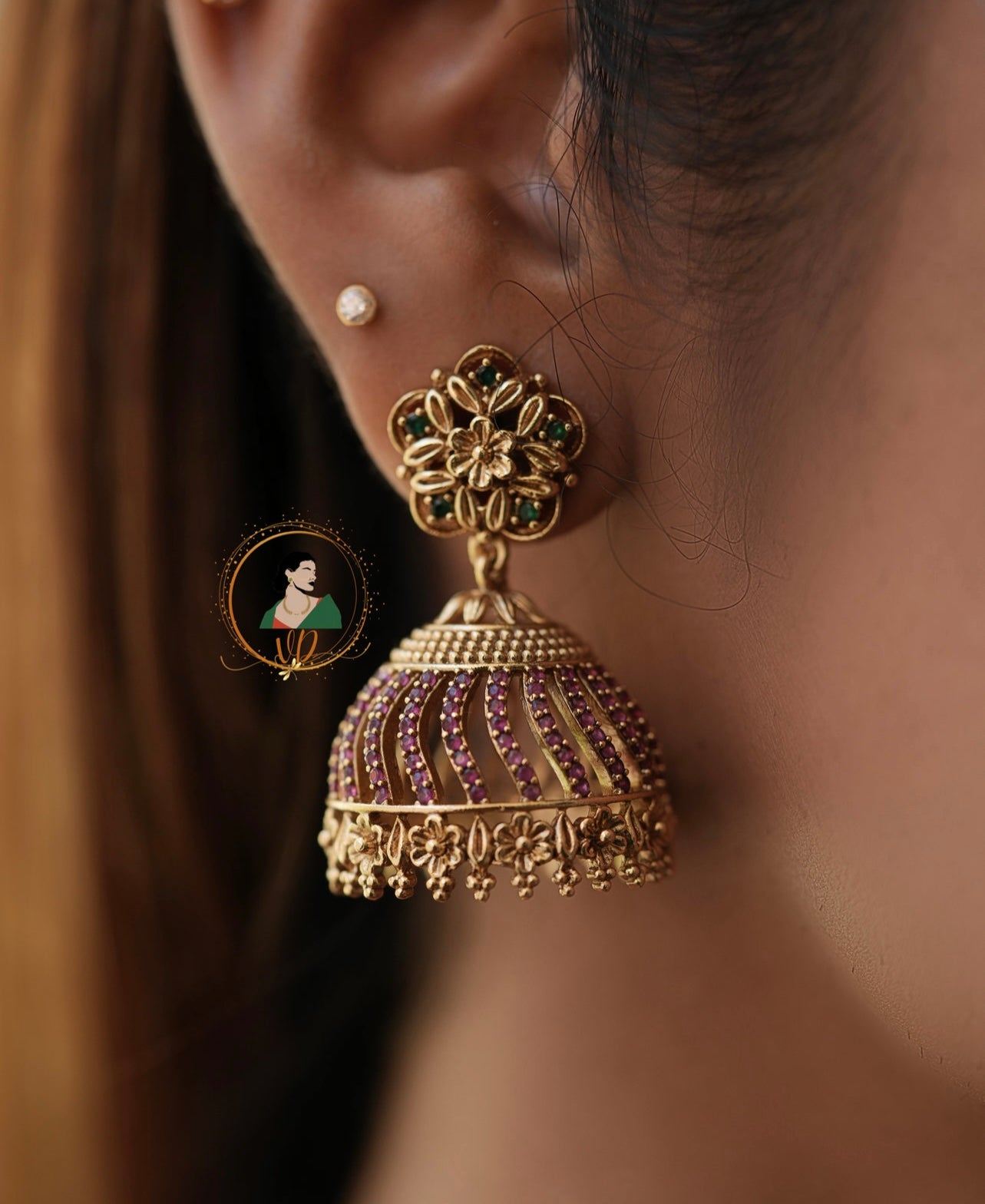 Floral Ruby Stone Jhumkas