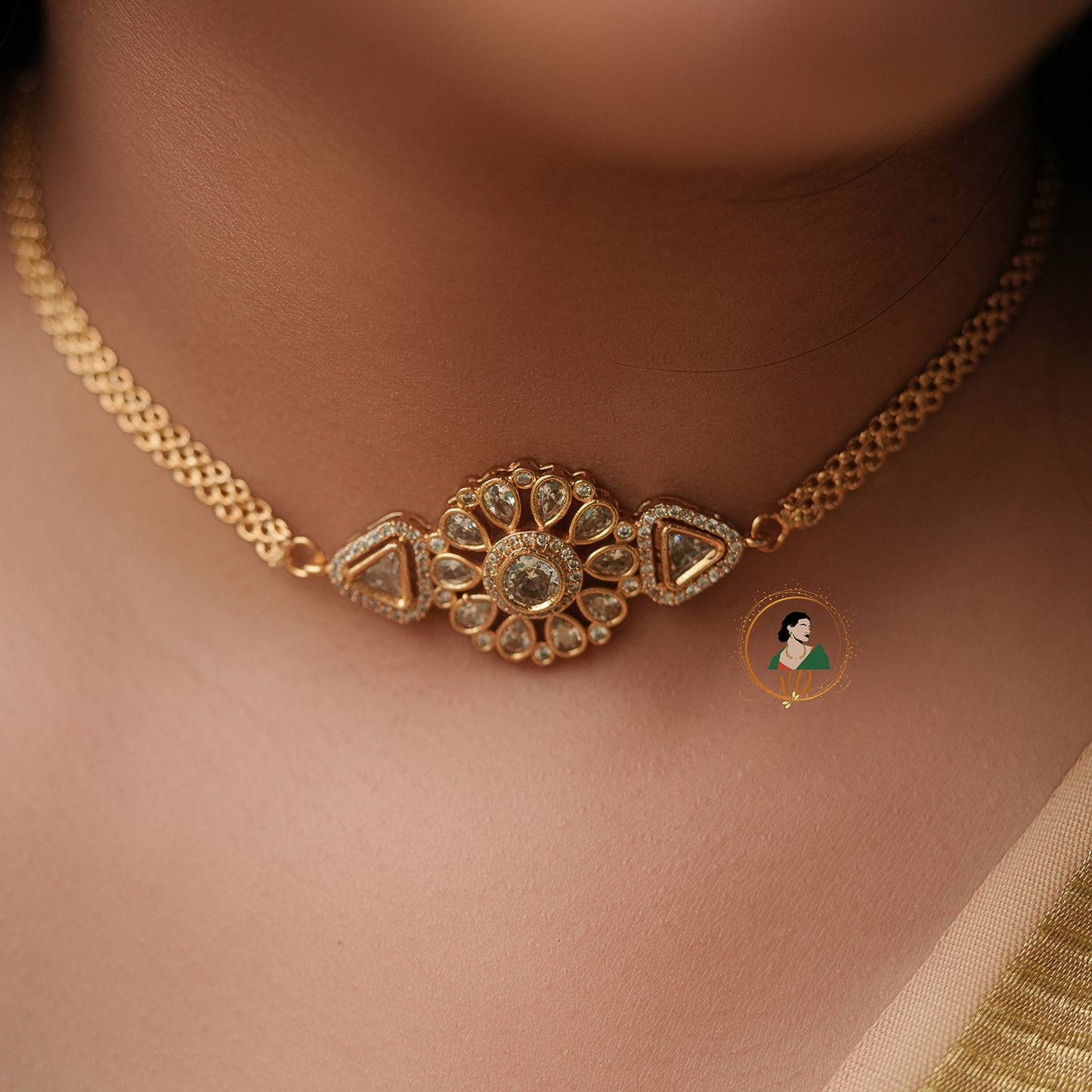 Gold Finish Floral White Stone Choker