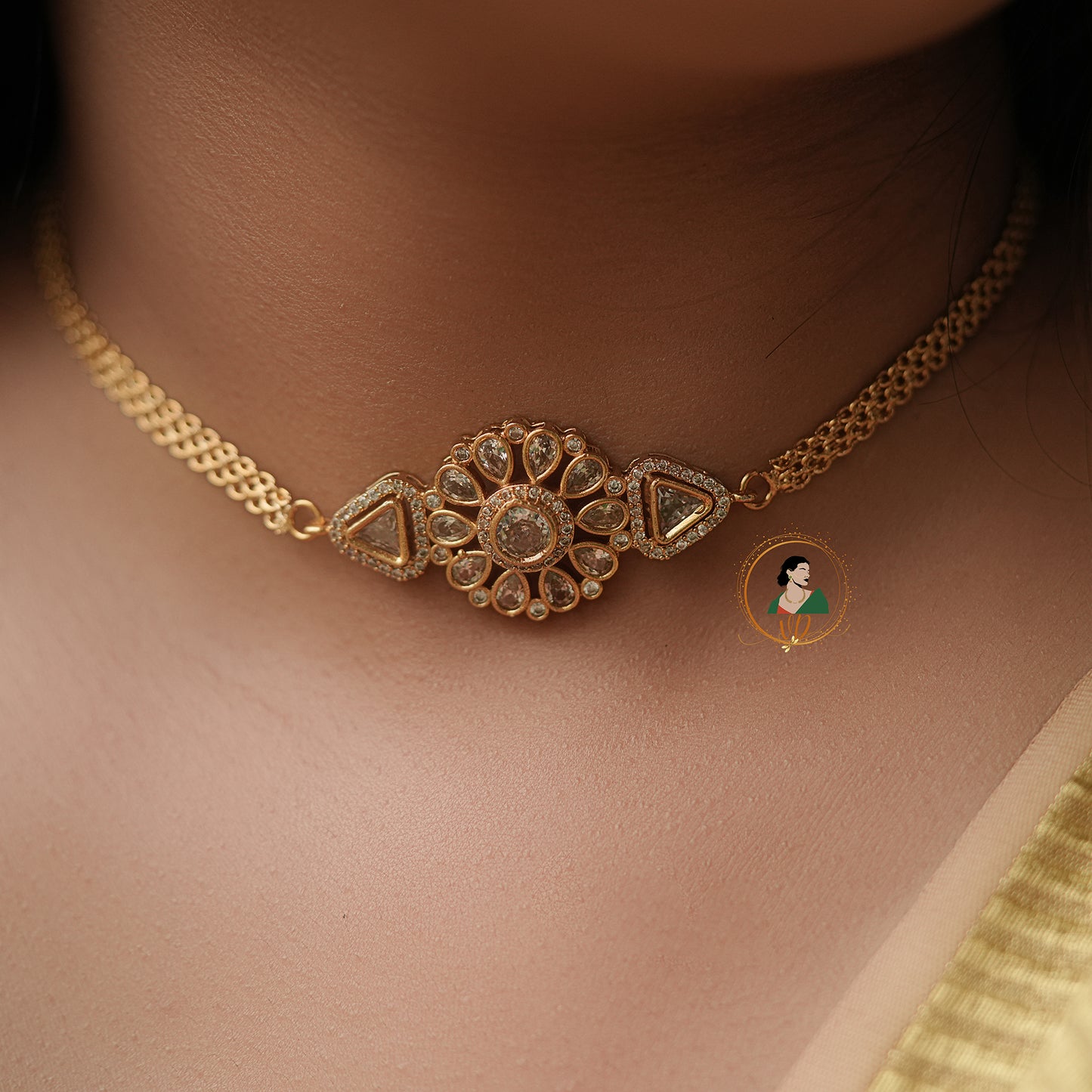 Gold Finish Floral White Stone Choker