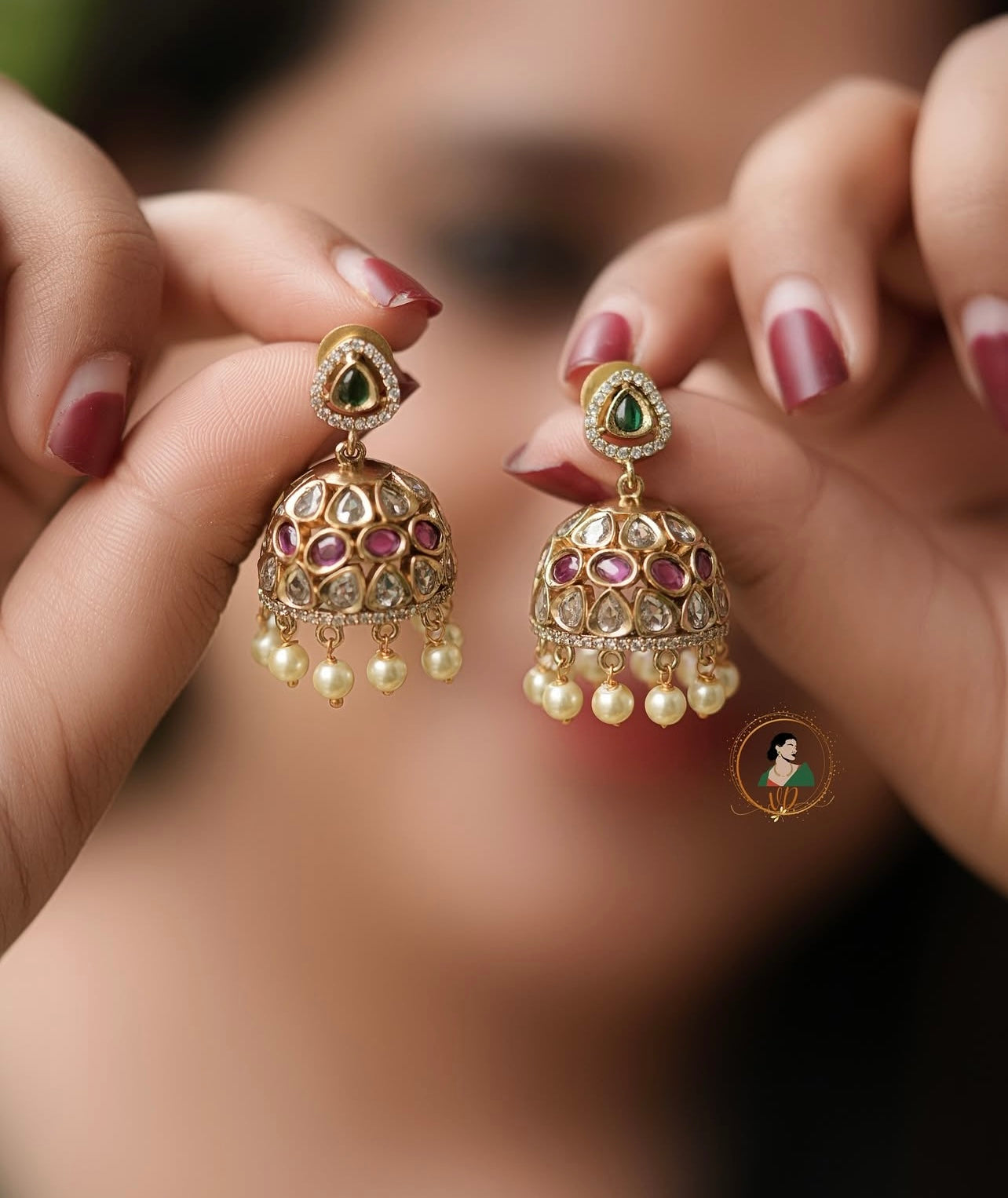 Gold Finish Jadau Stone Jhumkas