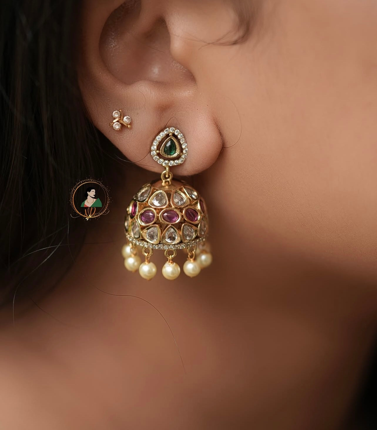 Gold Finish Jadau Stone Jhumkas