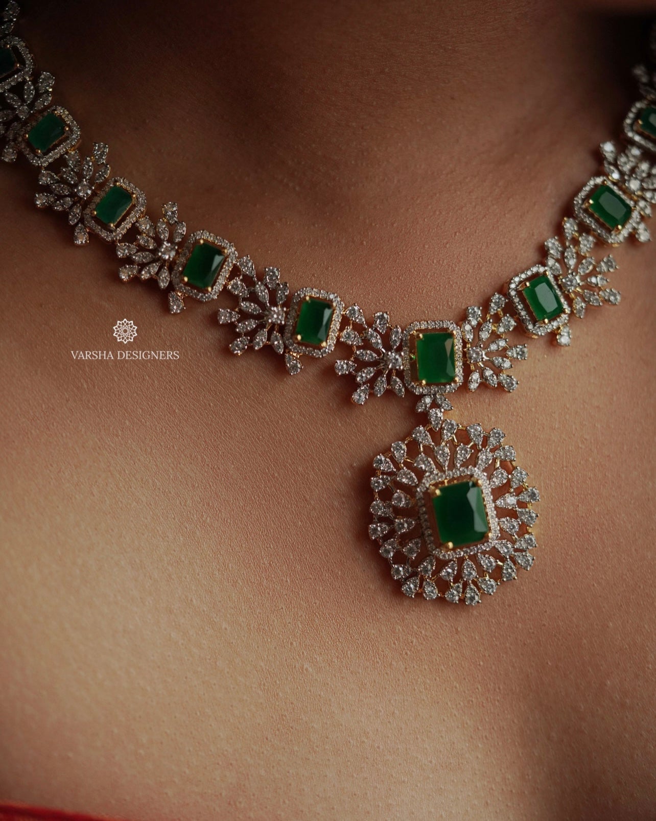 Gold Finish Zircon Stone Emerald Necklace