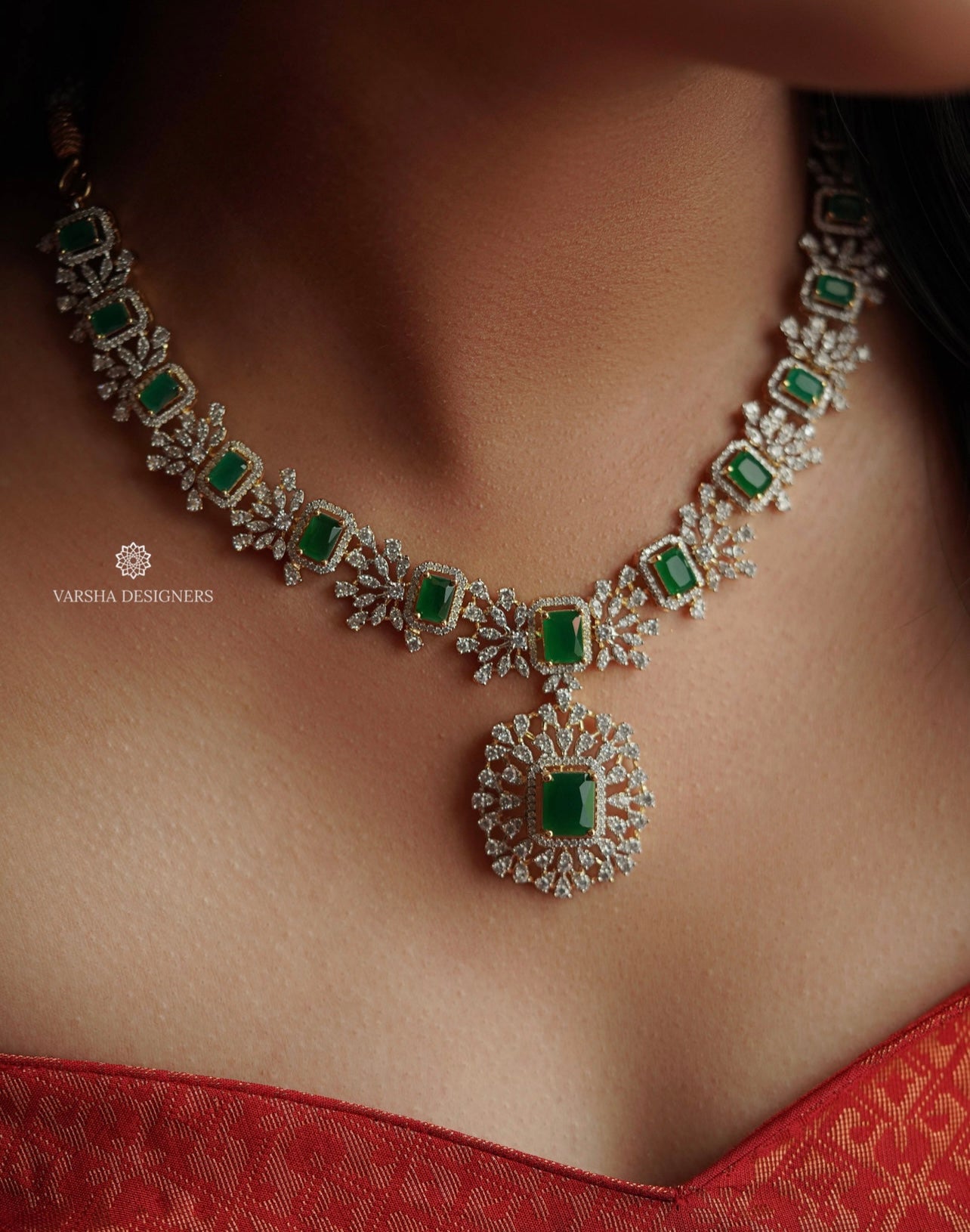 Gold Finish Zircon Stone Emerald Necklace