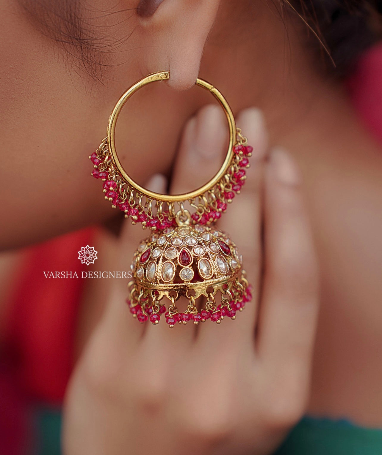 Hoop Jhumkas with Pink Pearls