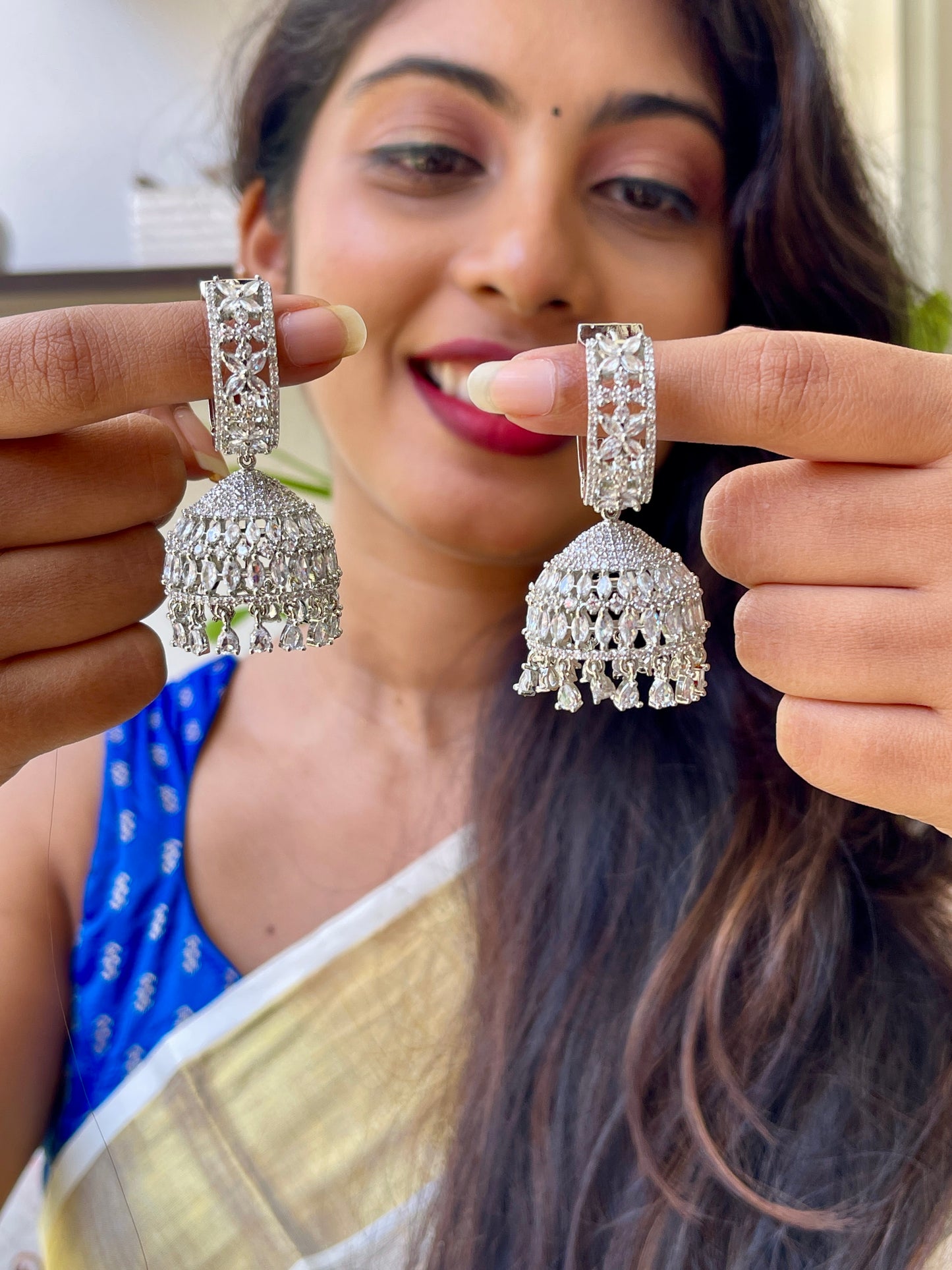 Silver Zircon Loop Jhumkas