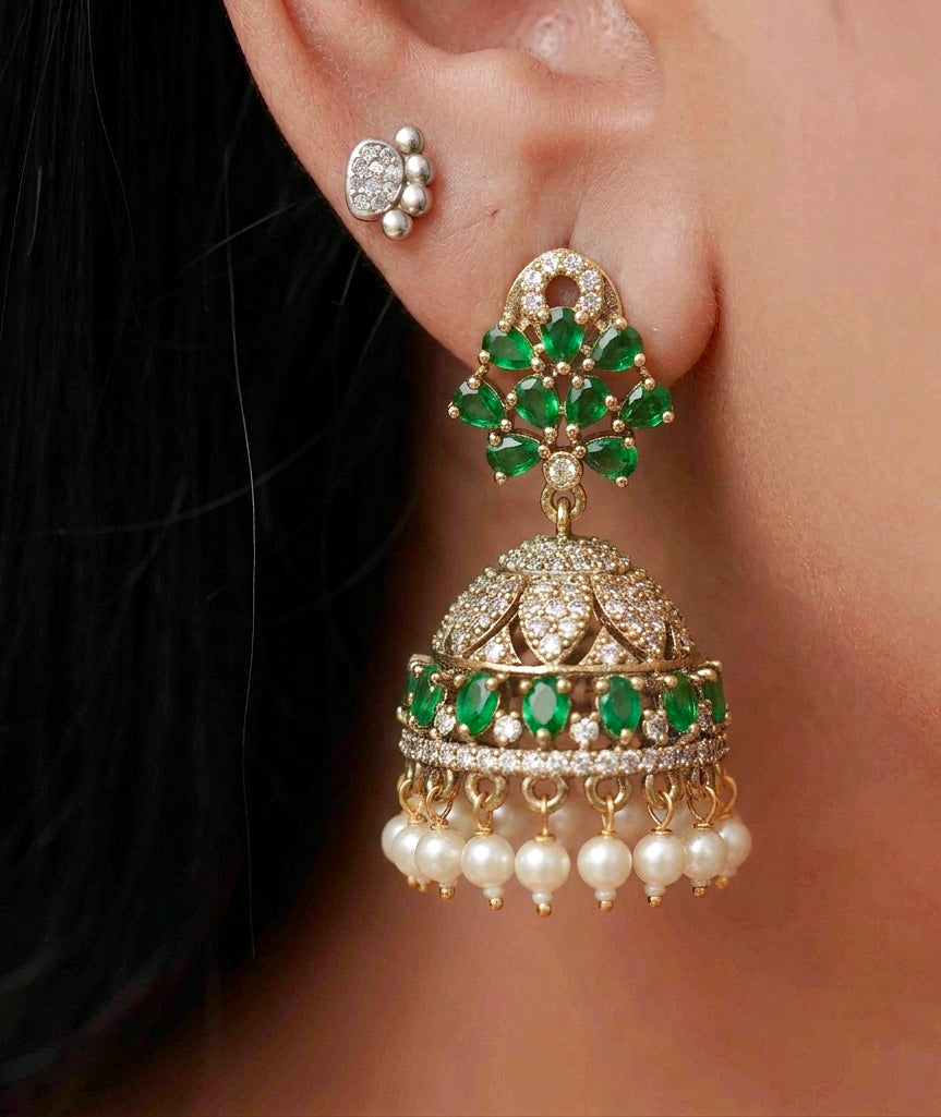 Emerald and White Stone Jhumka