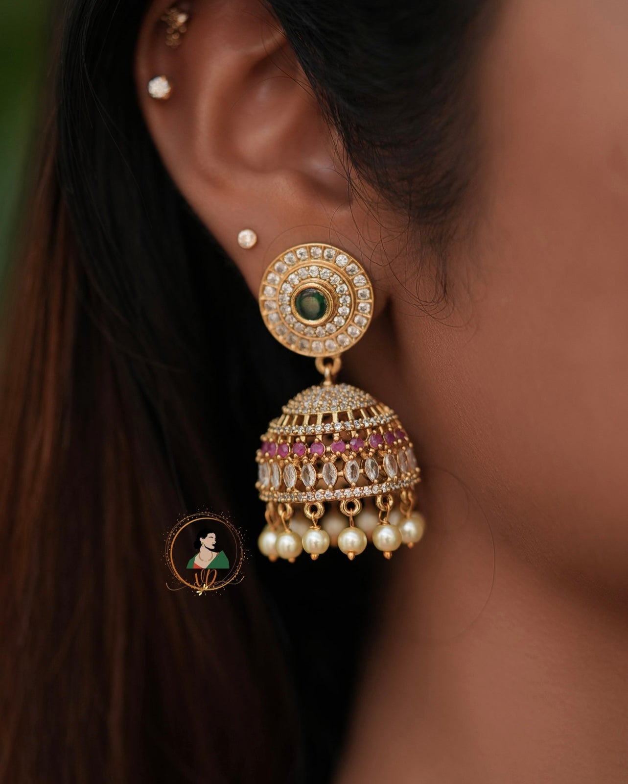 Pretty Stone Jhumkas with Pearls