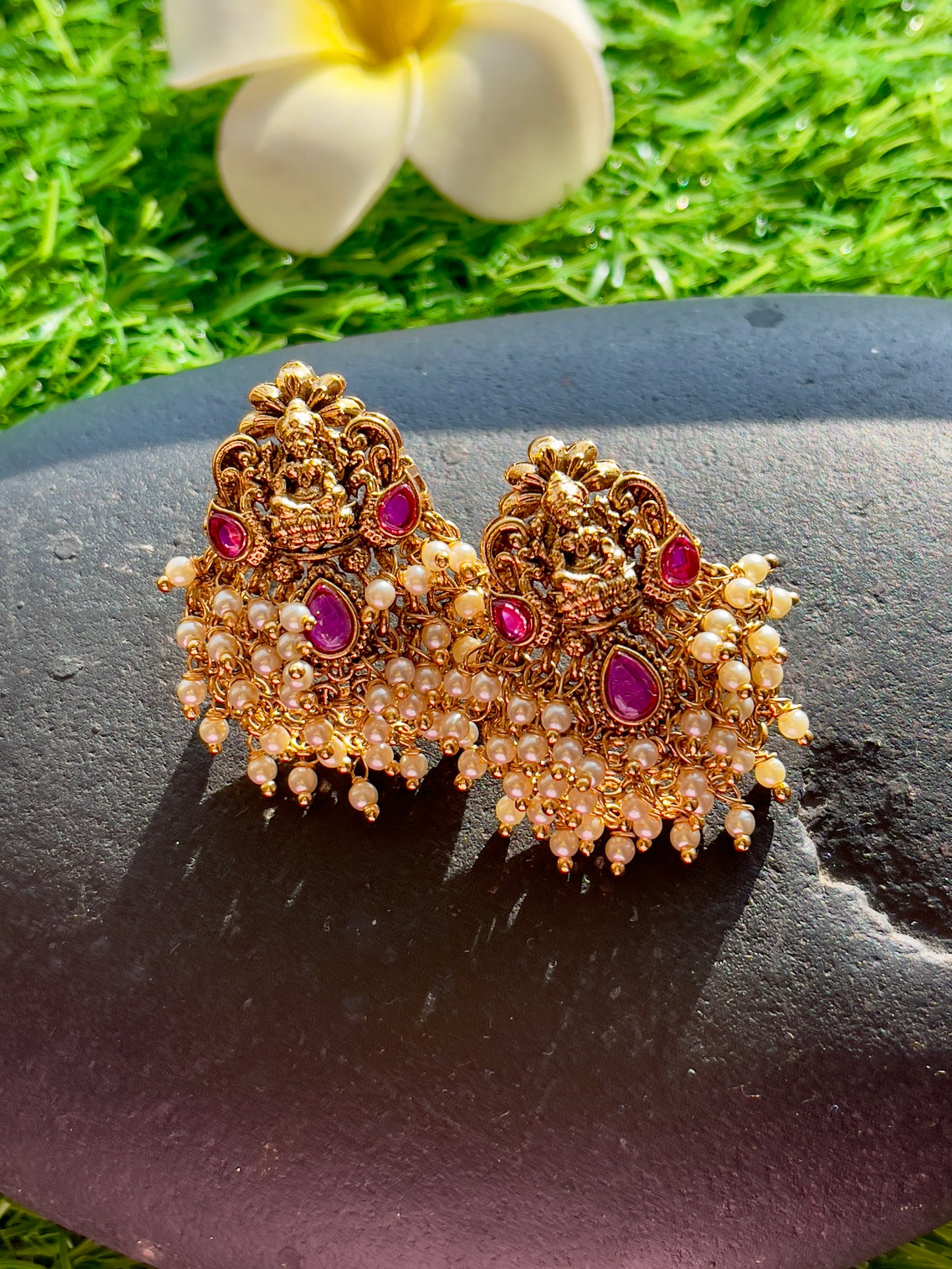 Cluster Pearl Ruby Earrings