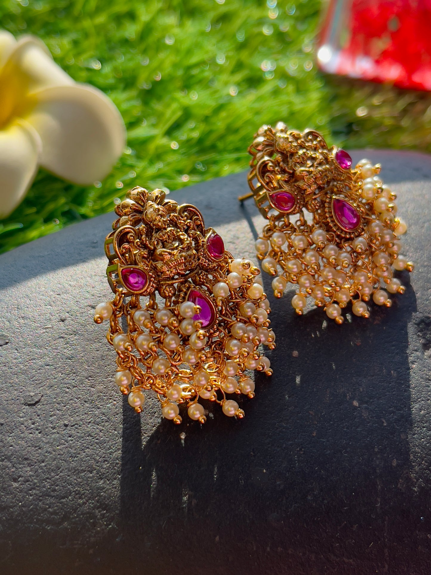 Cluster Pearl Ruby Earrings