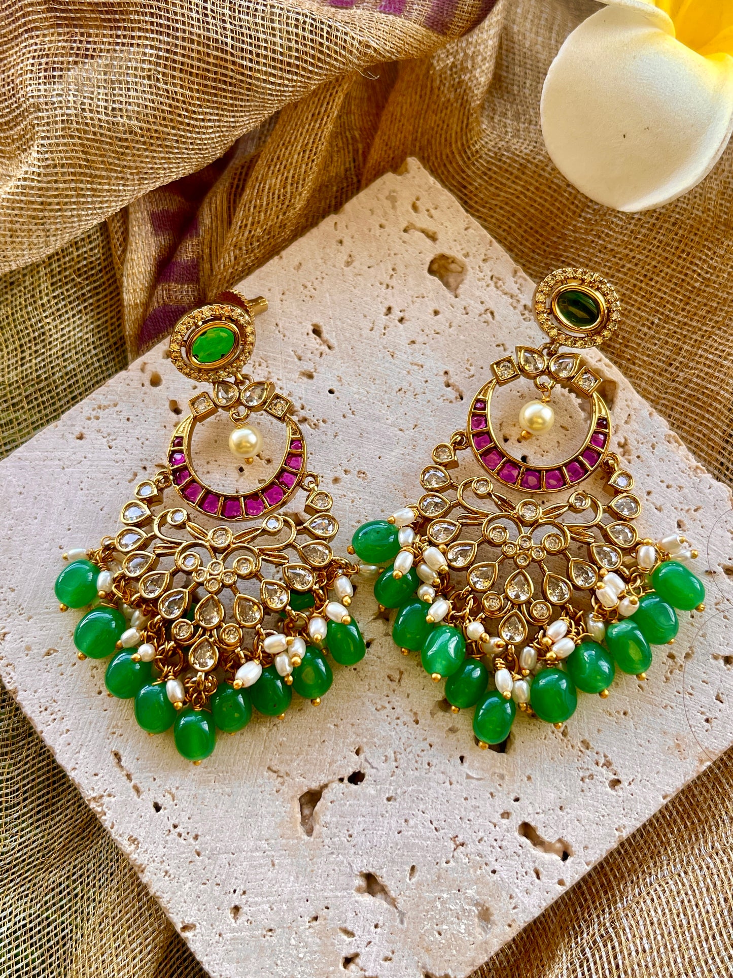 Jadau Emerald Chandbali Earrings