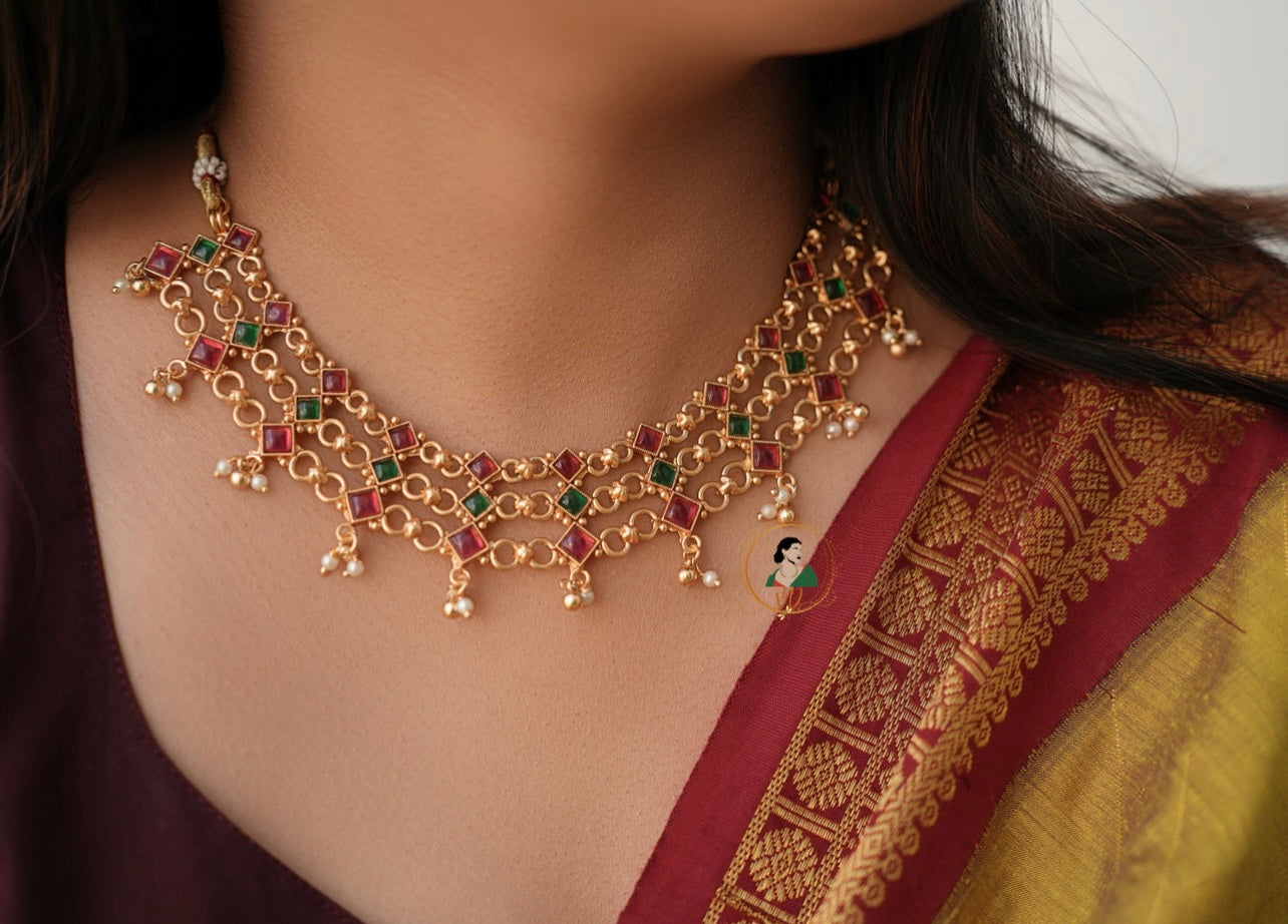 Layered Ruby & Green Stone Necklace Set