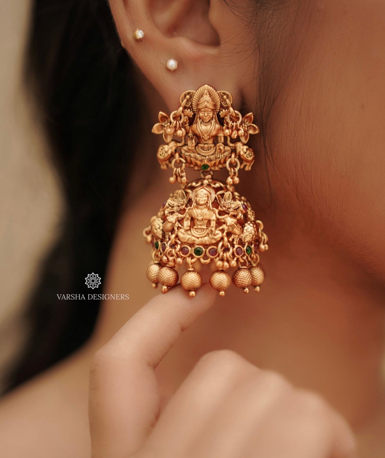 Matte Finish Bridal Lakshmi Temple Jhumkas