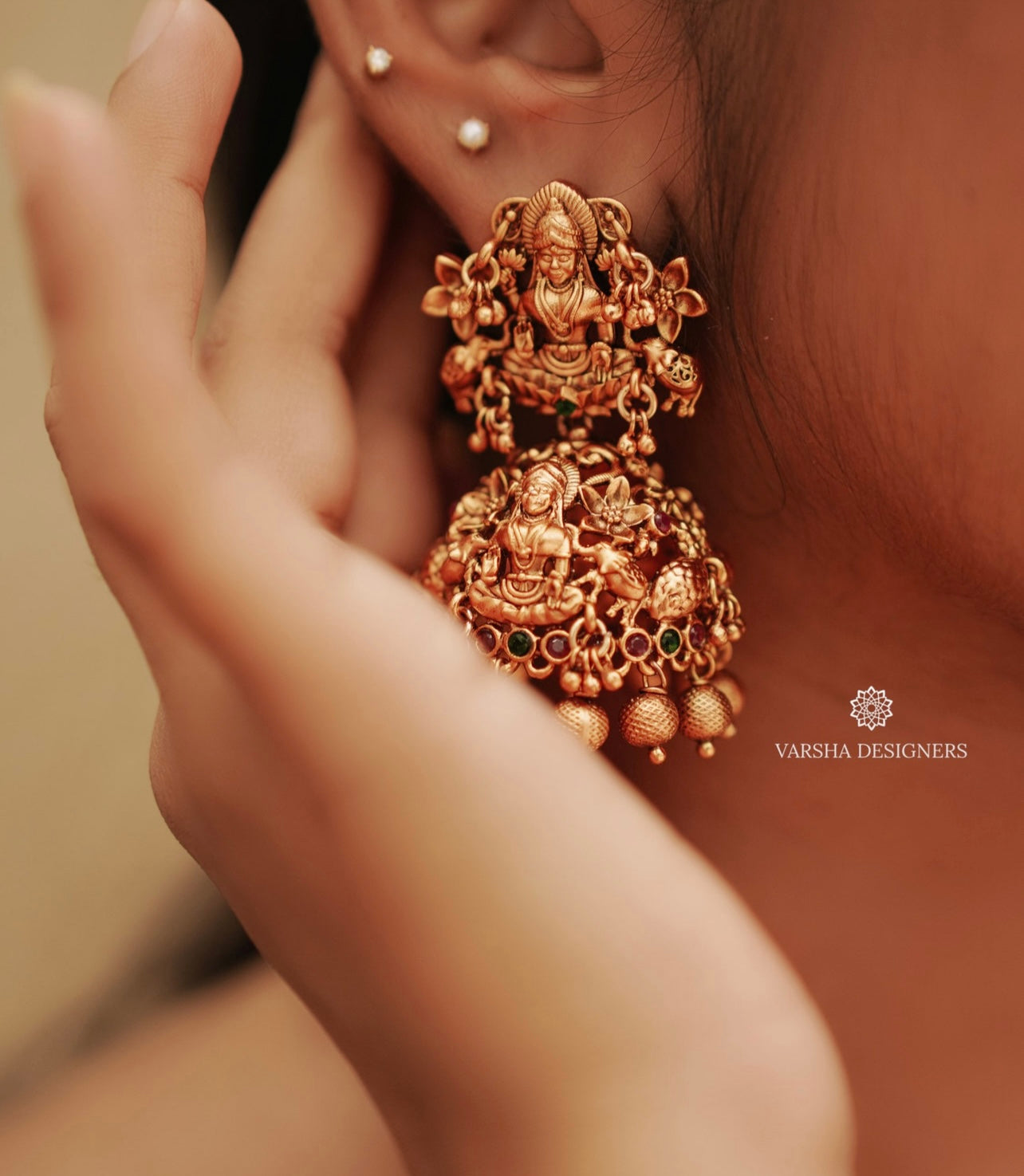 Matte Finish Bridal Lakshmi Temple Jhumkas