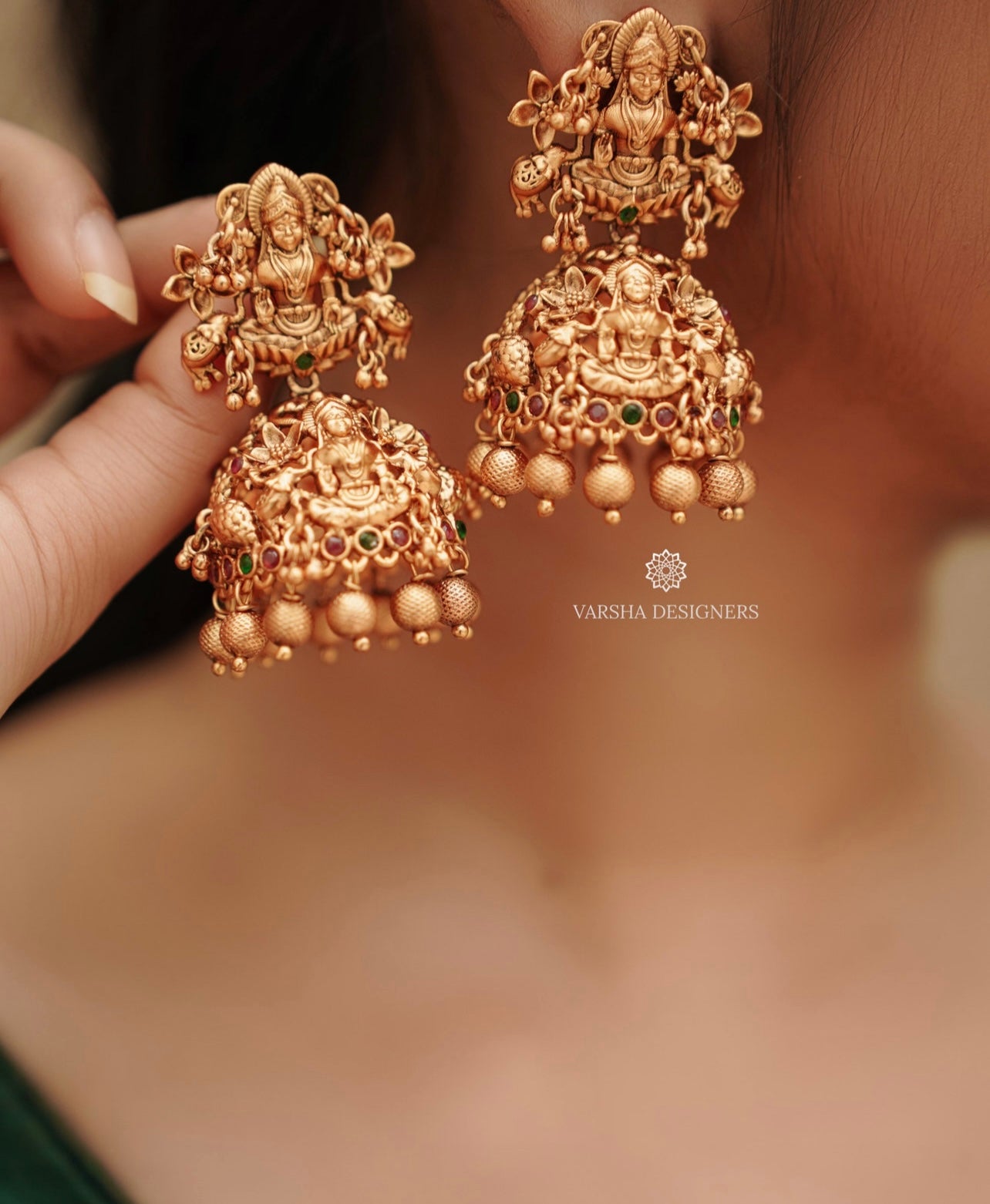 Matte Finish Bridal Lakshmi Temple Jhumkas