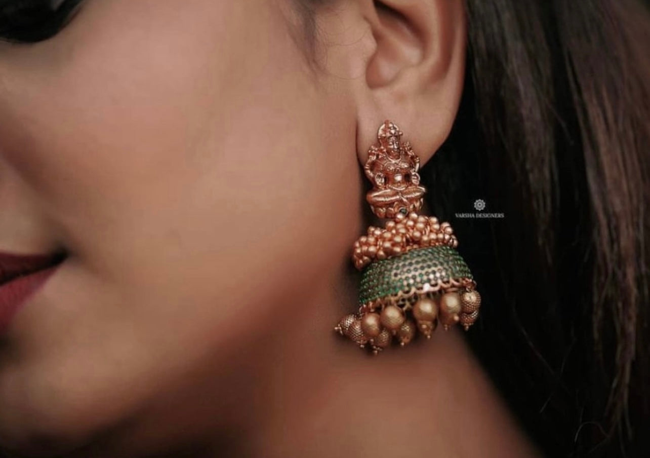 Matte Finish Emerald Lakshmi Jhumkas
