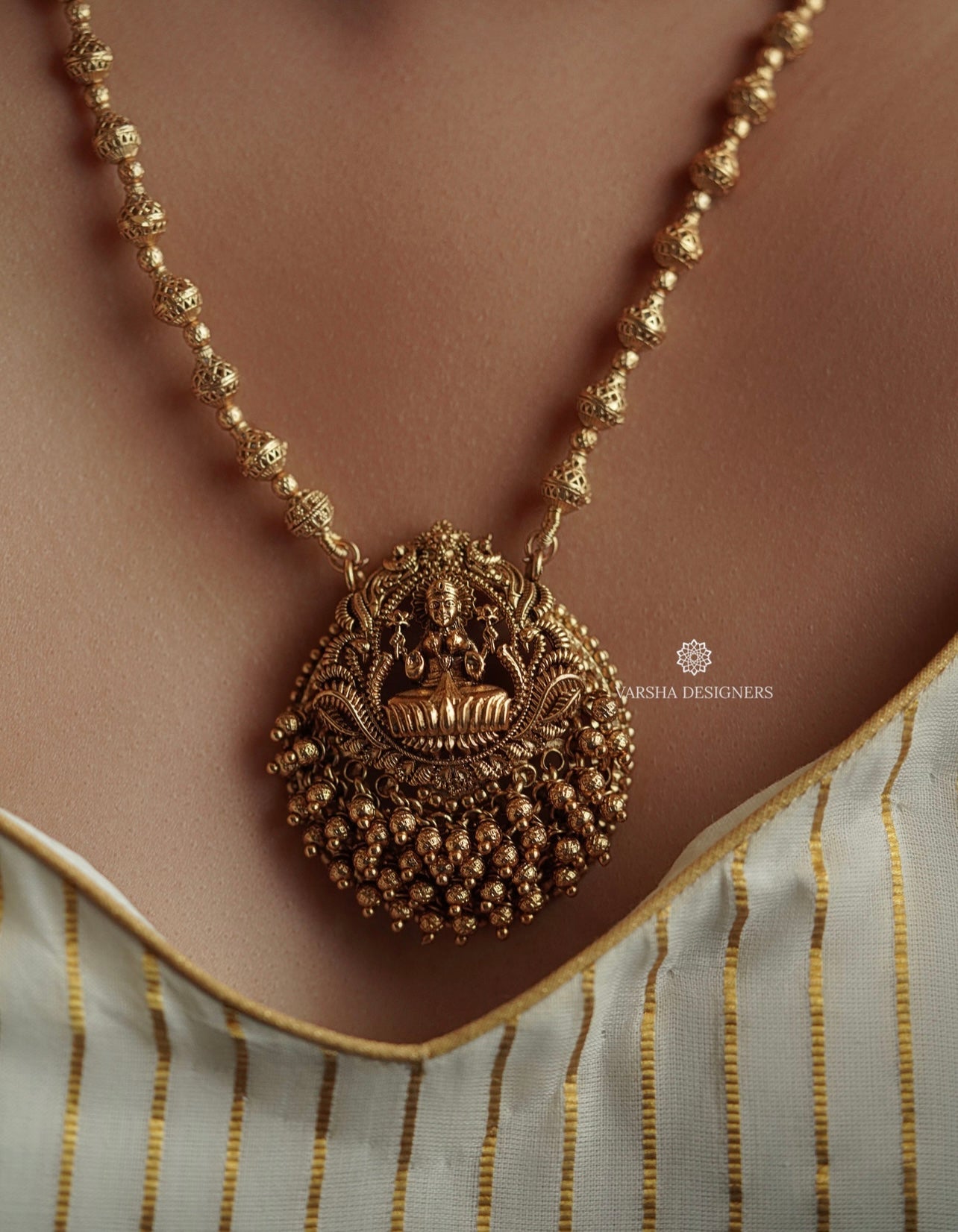Matte Finish Gold Beaded Lakshmi Necklace