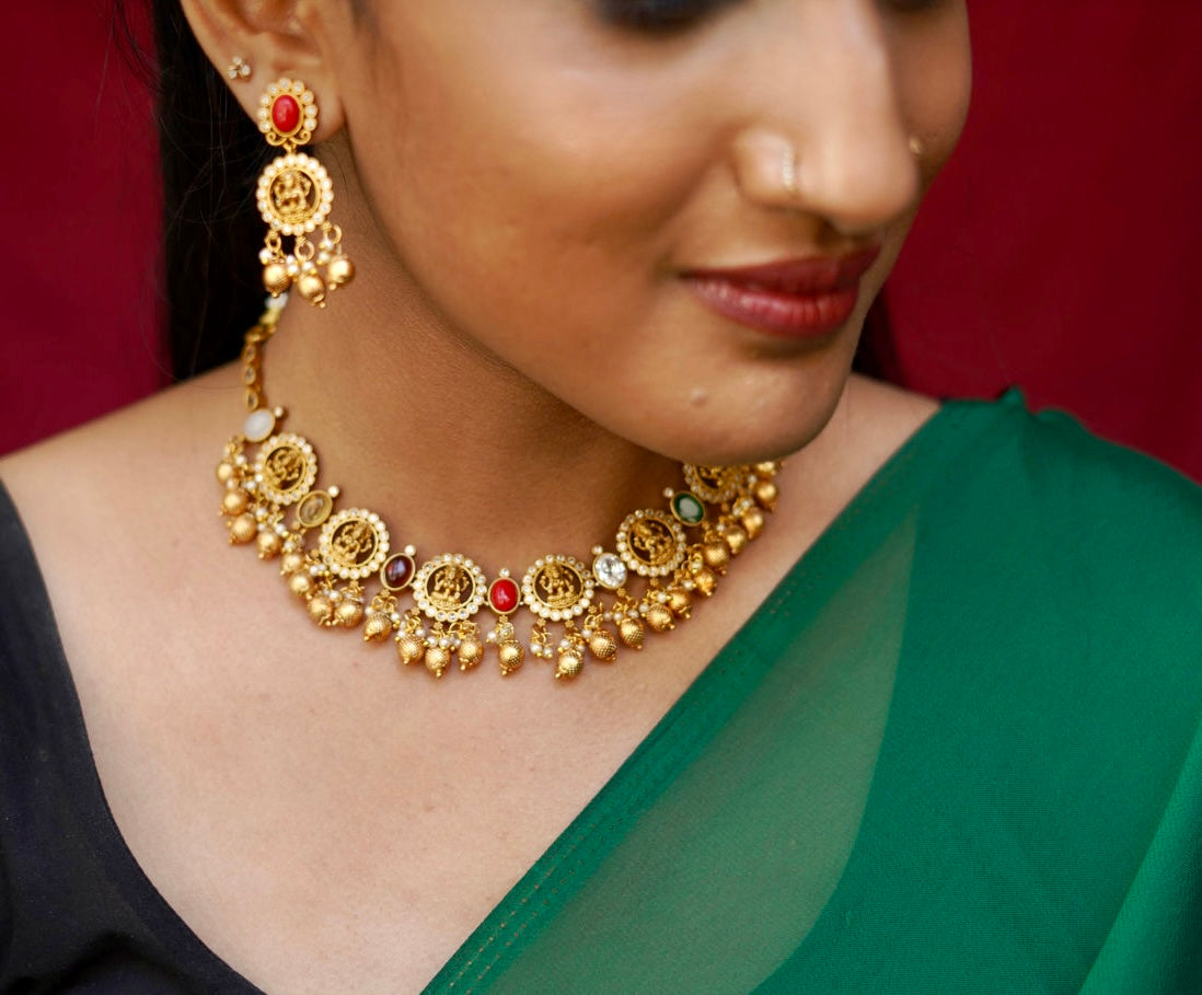 Matte Finish Navratan Temple Necklace Set