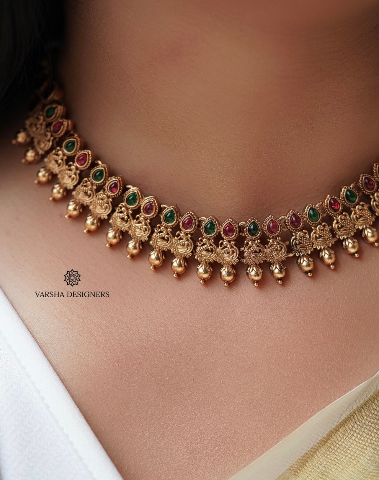 Matte Finish Ruby & Green Stone Necklace