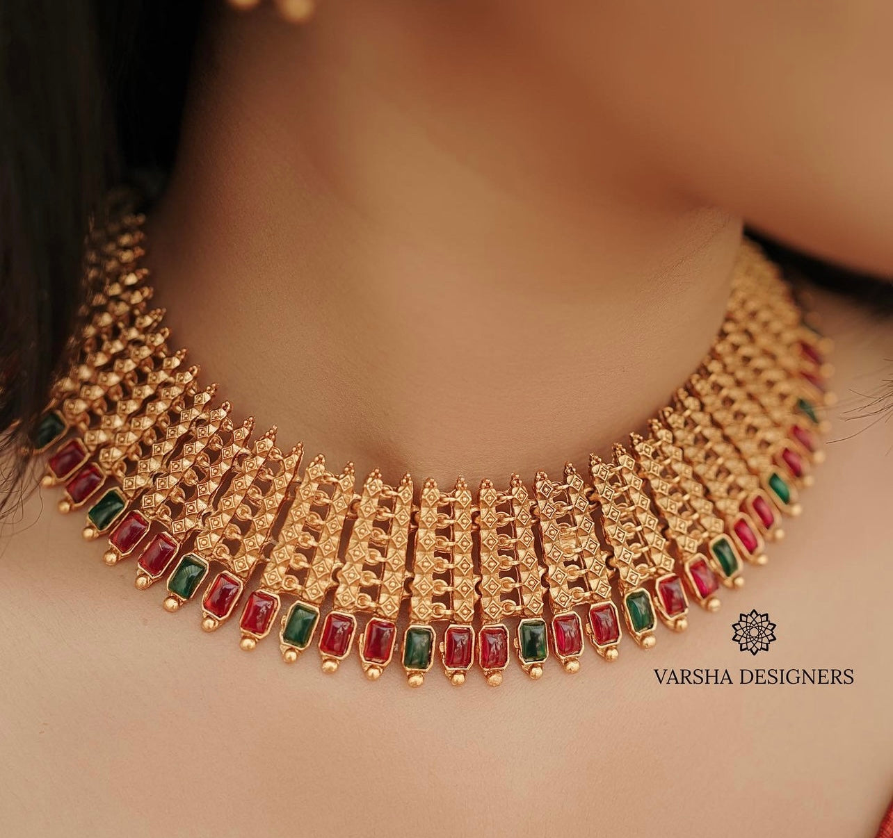 Matte Finish Ruby and Green Stone Necklace