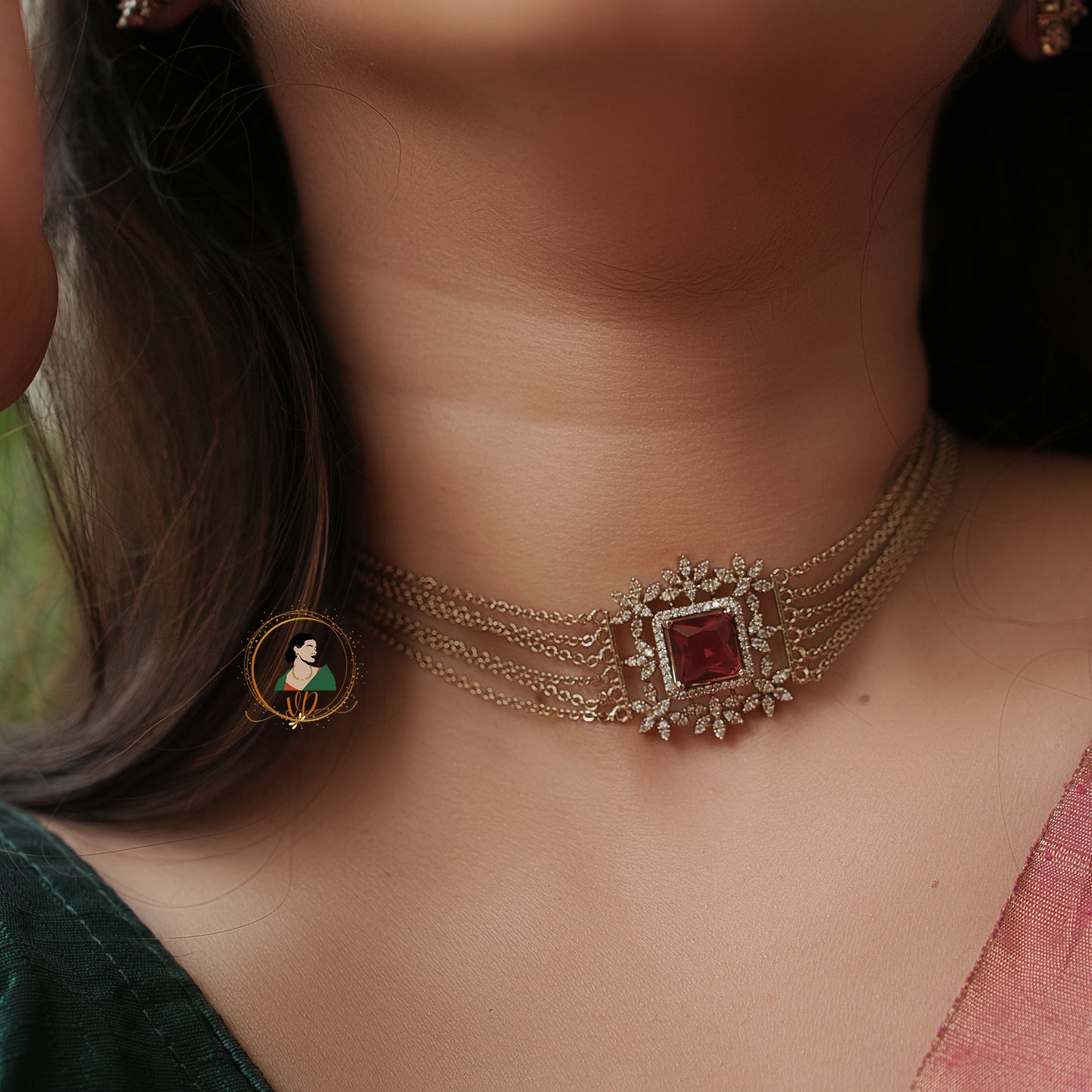 Multi Layer Chain with Ruby Pendant Choker Set