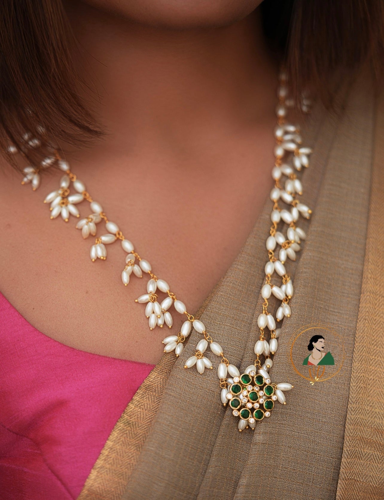 Pearl Long Chain Set with Green Pendant