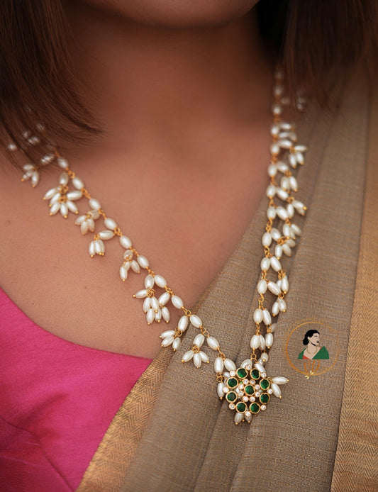 Pearl Long Chain Set with Green Pendant