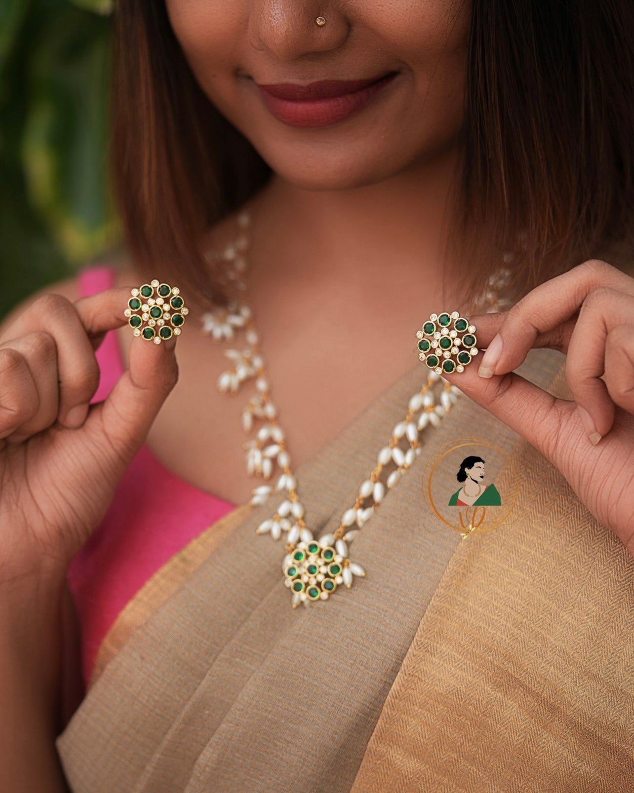 Pearl Long Chain Set with Green Pendant