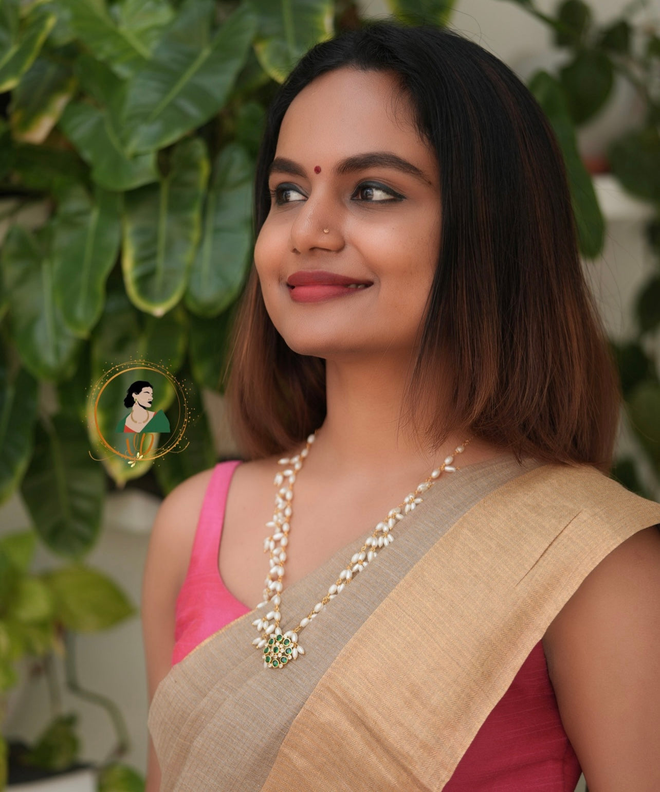 Pearl Long Chain Set with Green Pendant