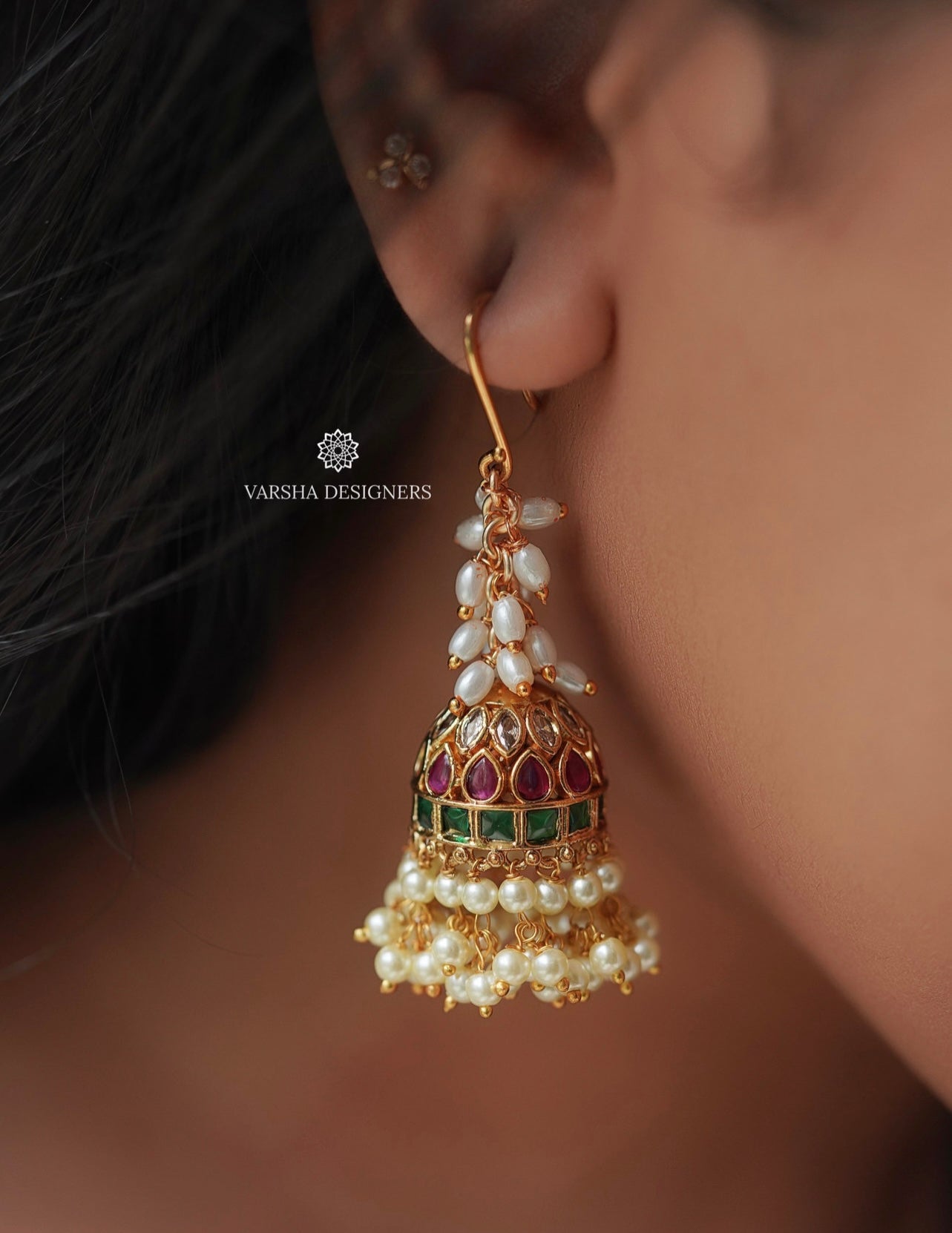 Rice Pearl Kemp Stone Jhumkas
