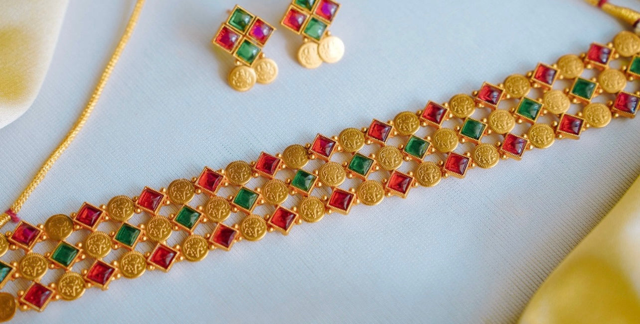 Ruby & Green Coin Choker Set