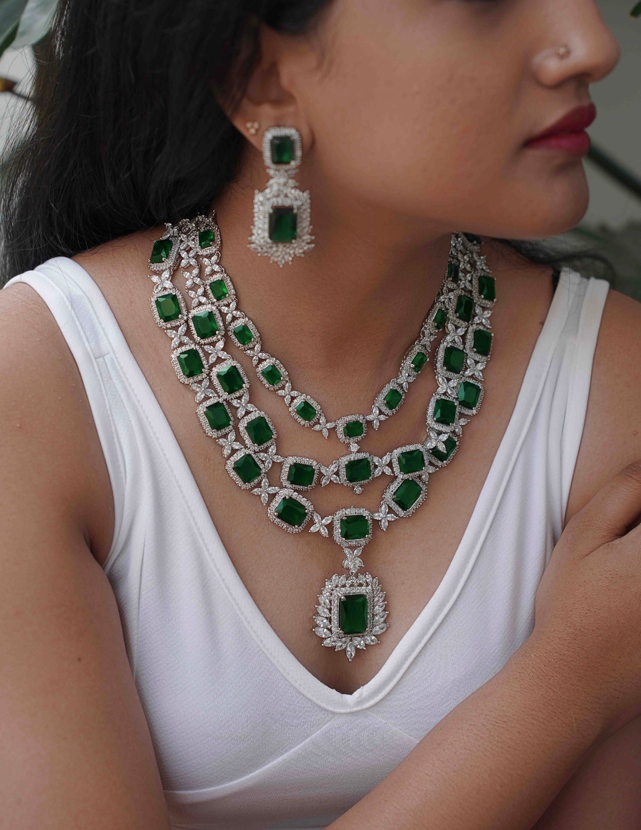 Silver Finish Zircon Stone Emerald Haram